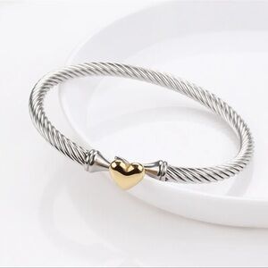 Two Tone Twisted Cable Heart Bangle Bracelet